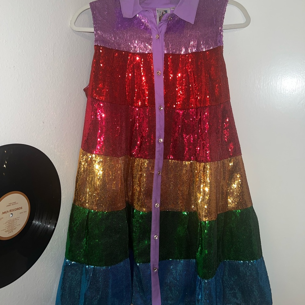 Queen Of Sparkles Rainbow Tiered Dress with collar